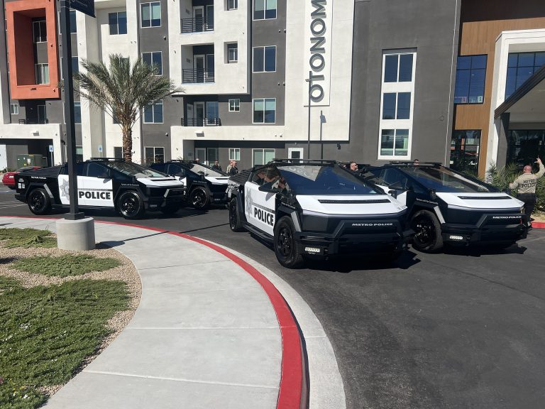 Las Vegas police unveil their new Tesla Cybertrucks at a brunch block party in Downtown Summerlin