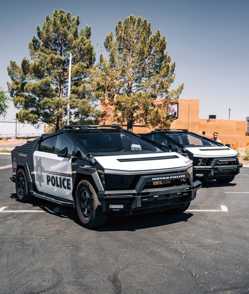 The unmistakable UP.FIT Patrol Cybertrucks — technologically advanced, visually striking, and designed to build bridges with the community.